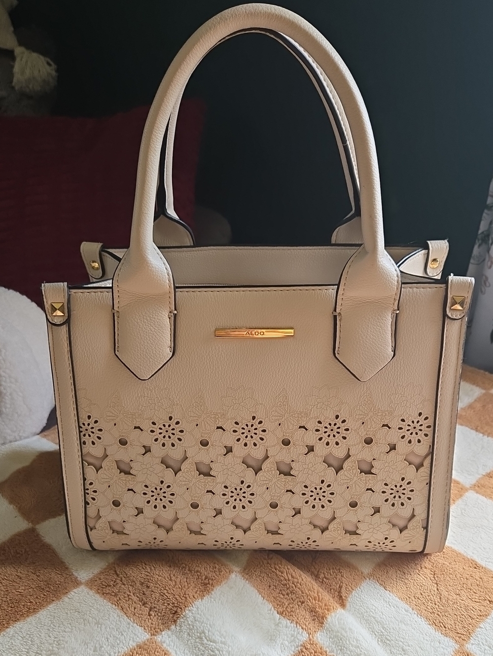 Aldo Cream Floral Laser-Cut Satchel with Gold Accents